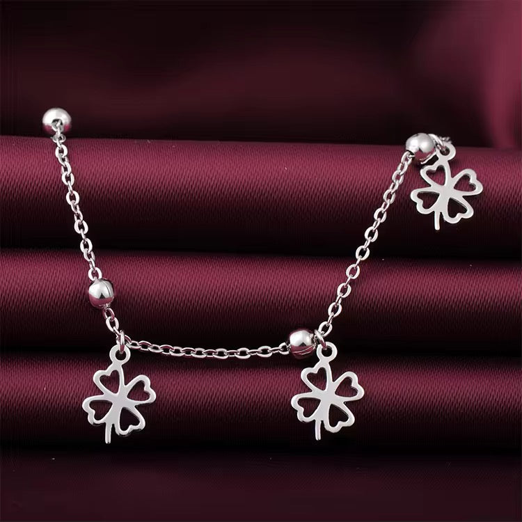 Silver Clover Bead Station Anklet