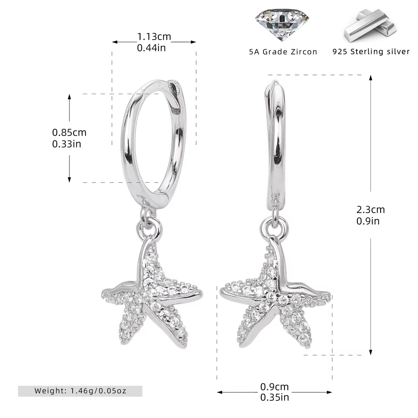 Silver Sparkling Starfish Drop Huggie Hoops
