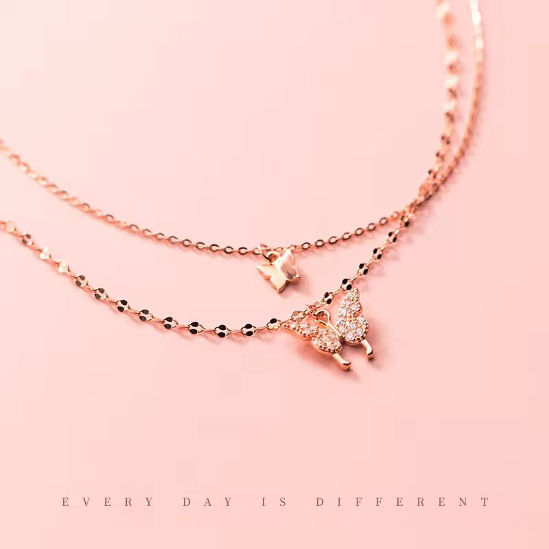 Rose Gold Twin Butterfly Layered Necklace