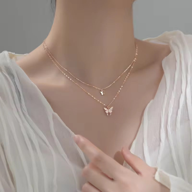 Rose Gold Twin Butterfly Layered Necklace