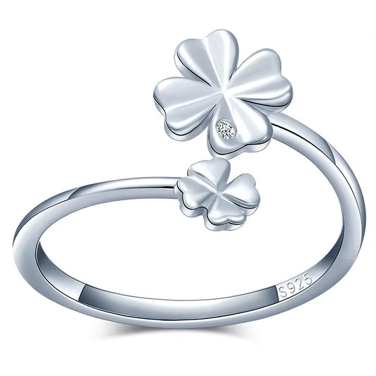Silver Twin Clover Fortune Adjustable Ring
