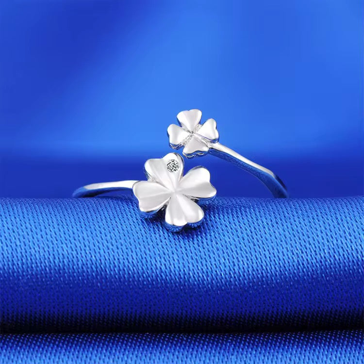 Silver Twin Clover Fortune Adjustable Ring
