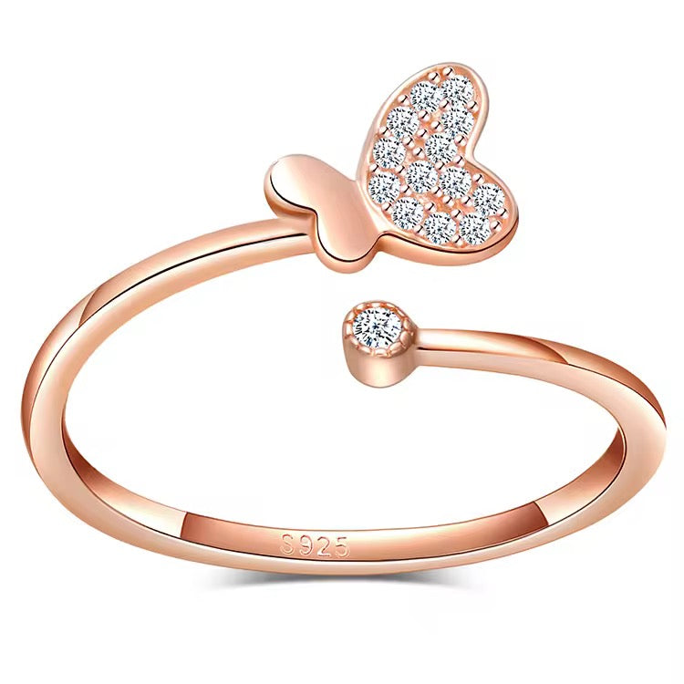 Rose Gold Crystal Butterfly Open Ring (Adjustable)