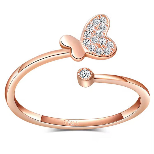 Rose Gold Crystal Butterfly Open Ring (Adjustable)