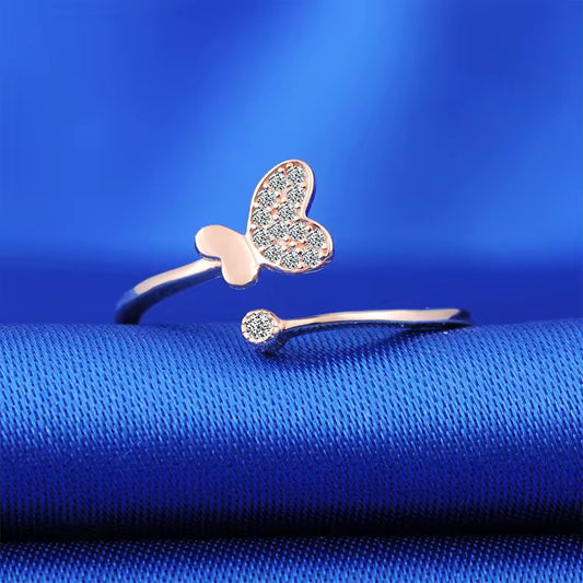 Rose Gold Crystal Butterfly Open Ring (Adjustable)