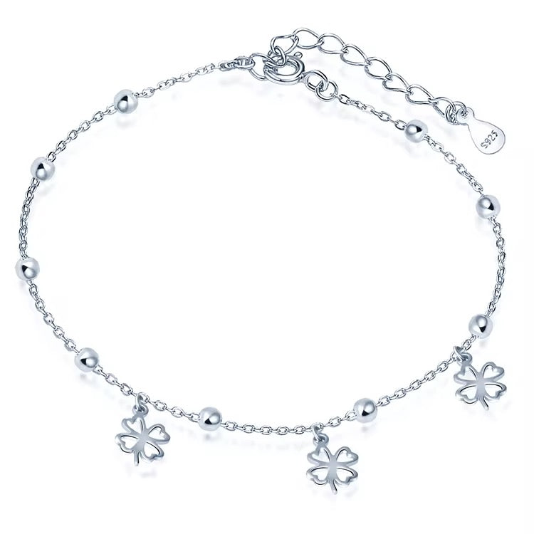 Silver Clover Bead Station Anklet