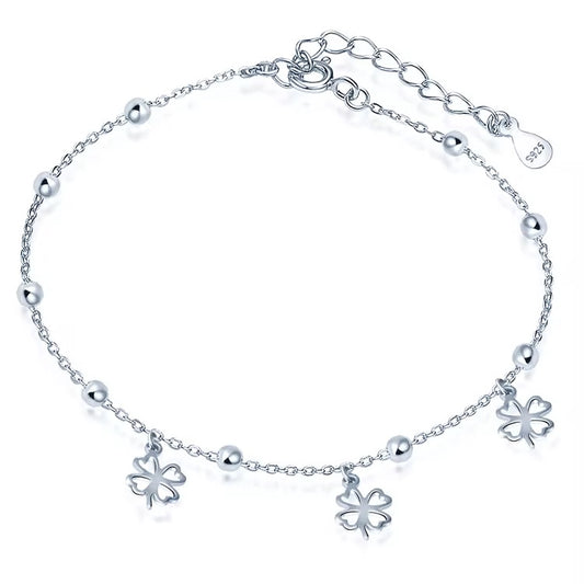 Silver Clover Bead Station Anklet