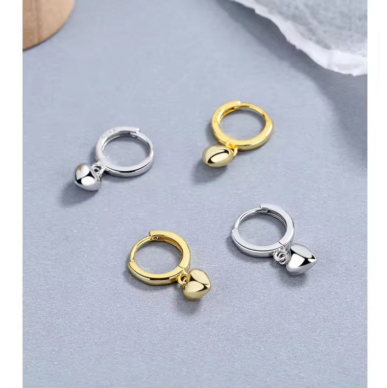 Silver Puffed Heart Drop Huggie Hoops