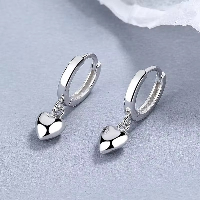 Silver Puffed Heart Drop Huggie Hoops