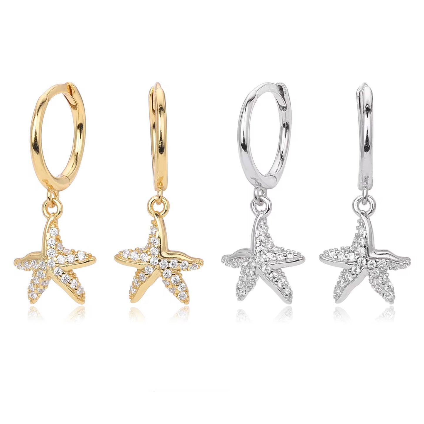 Silver Sparkling Starfish Drop Huggie Hoops