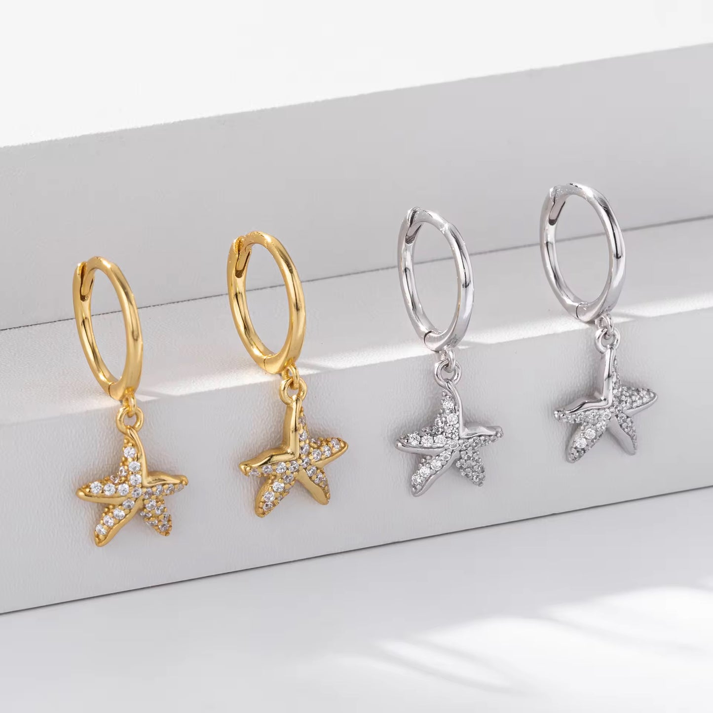 Silver Sparkling Starfish Drop Huggie Hoops