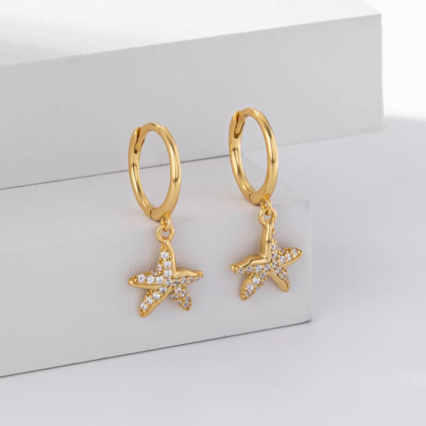 Silver Sparkling Starfish Drop Huggie Hoops